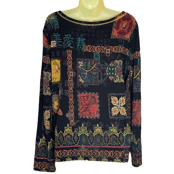 Chico's Black Asian Inspired Graphic Rhinestone Embellished Top, size 1, Medium - Picture 4 of 10